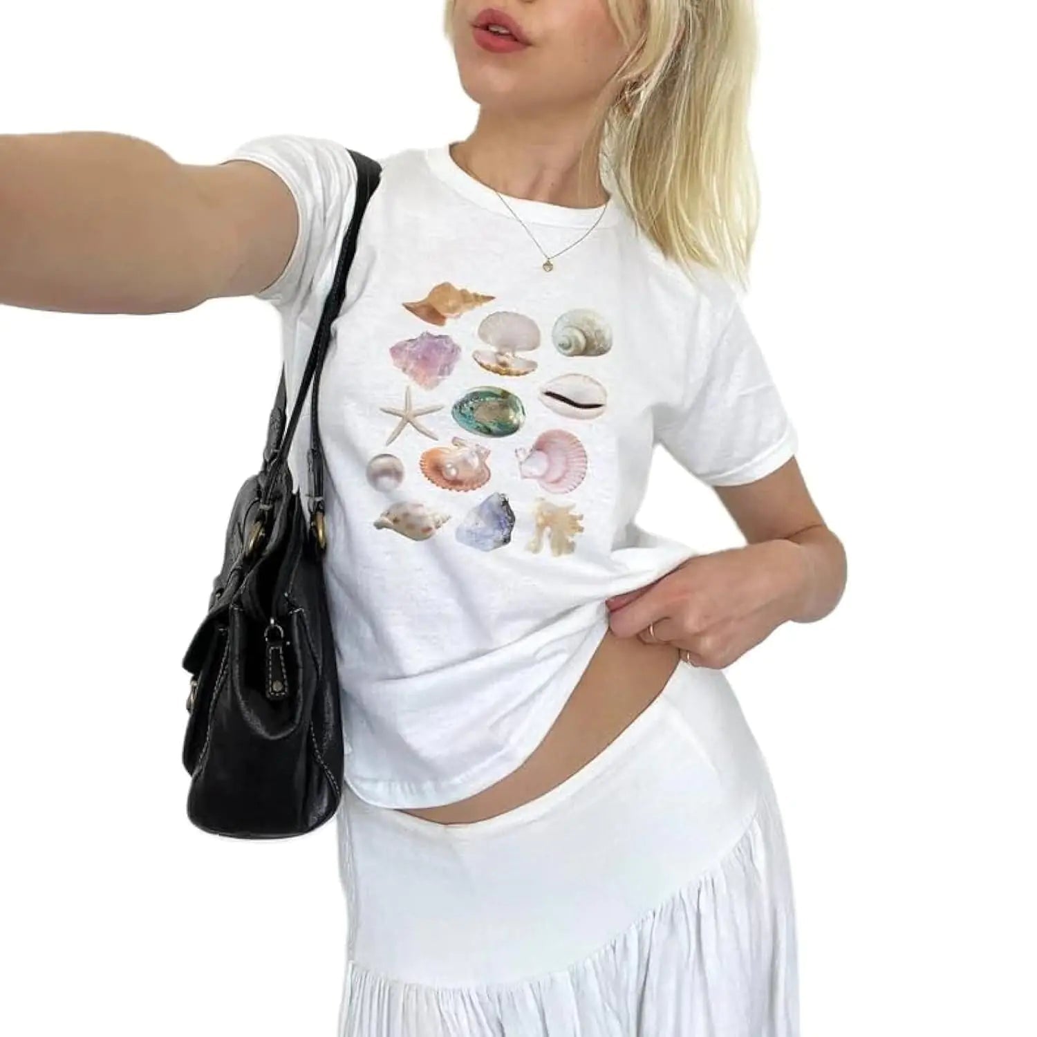 Y2K White Baby Tees for Women Cute Graphic Printed Crop Top Vintage Aesthetic Summer T Shirt for Teen Girls (Shell Multi M) - Dakdouksson